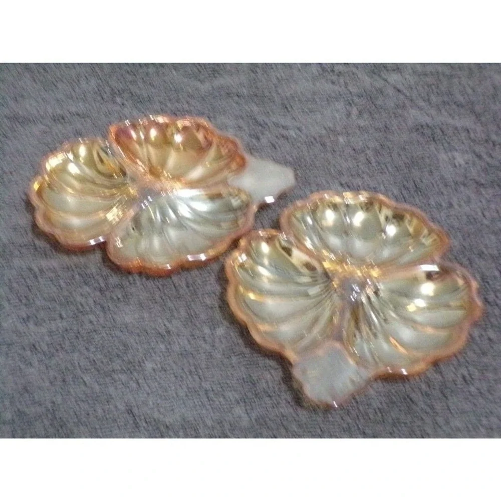 Vintage Amber Iridescent Carnival Glass 3 Part Flower Candy Dish Set‎ of 2